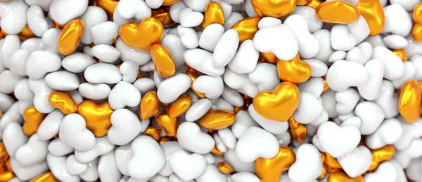 background filled with white and gold 3D hearts stacked on top of each other - valentine\'s day - 3D rendering