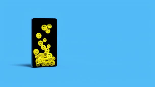 Smartphone Que Preenche Com Emoticons Sorriso Amarelo Fundo Azul Renderização — Vídeo de Stock