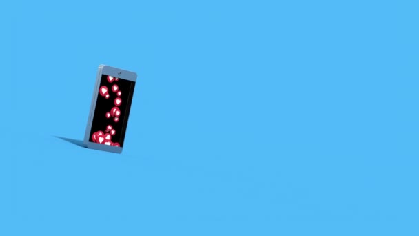 Смартфон Наполненный Смайликами Красных Сердец Синем Фоне Рендеринг — стоковое видео
