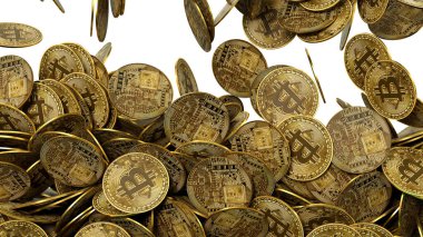 lots of falling bitcoin coins - 3D rendering illustration clipart