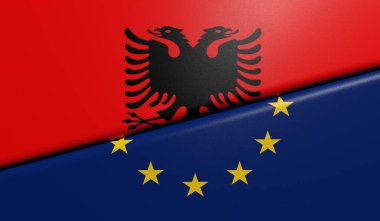 Arnavut ve Avrupa bayrakları katlanmış ve kumaş dokusuyla birbirine yapışmış - 3D biçimlendirme