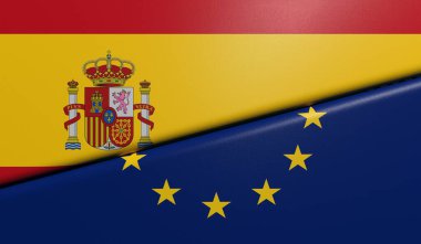 İspanyol ve Avrupa bayrakları katlanmış ve kumaş dokusu ile yapıştırılmış - 3D görüntüleme