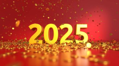 Konfetili 2025 metin - alan etkisinin derinliği - Mutlu yıllar kartı - 3D görüntüleme