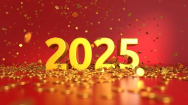 2025 text with confetti - depth of field effect - happy new year card - 3D rendering clipart