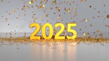 Konfetili 2025 metin - alan etkisinin derinliği - Mutlu yıllar kartı - 3D görüntüleme