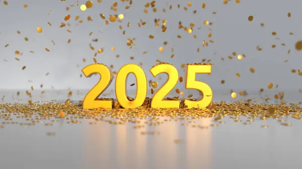 Konfetili 2025 metin - alan etkisinin derinliği - Mutlu yıllar kartı - 3D görüntüleme
