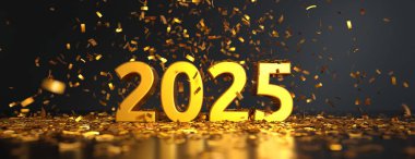 Konfetili 2025 metin - alan etkisinin derinliği - Mutlu yıllar kartı - 3D görüntüleme