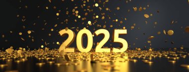 Konfetili 2025 metin - alan etkisinin derinliği - Mutlu yıllar kartı - 3D görüntüleme