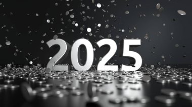 Konfetili 2025 metin - alan etkisinin derinliği - Mutlu yıllar kartı - 3D görüntüleme