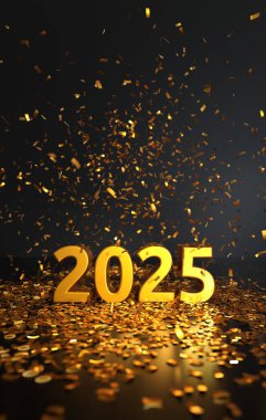 Konfetili 2025 metin - alan etkisinin derinliği - Mutlu yıllar kartı - 3D görüntüleme