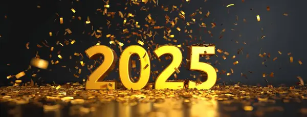 Konfetili 2025 metin - alan etkisinin derinliği - Mutlu yıllar kartı - 3D görüntüleme