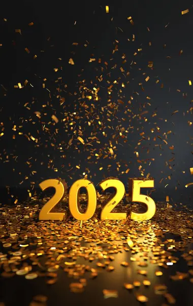 Konfetili 2025 metin - alan etkisinin derinliği - Mutlu yıllar kartı - 3D görüntüleme
