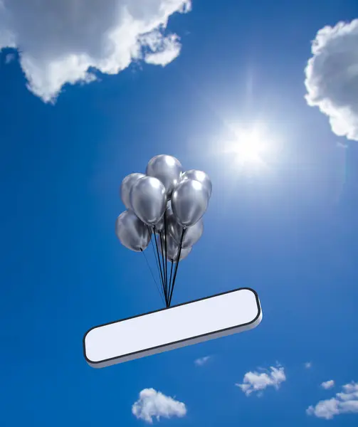 stock image helium balloons with a sign attached to them fly into the sky - 3D rendering