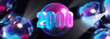 tarih 2000 bir disko topu üzerine yazılmış mavi ve pembe spot ışıkları ile aydınlatılmış - 3D görüntüleme