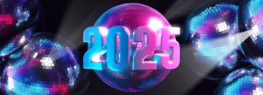 Ayna küreli disko müziği temalı 2025 tebrik kartı - 3D görüntüleme