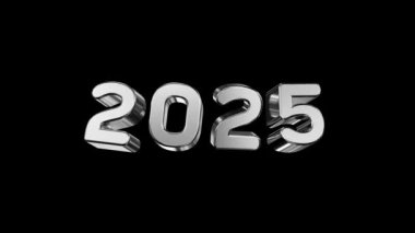 gümüş metal 2025 metin siyah arkaplan üzerinde yavaş hareket ediyor - ayrı alfa kanalı - 3D görüntüleme