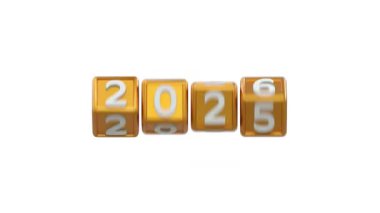 Altın metin 2025 2026 'ya dönüşüyor - dönen küpler - ayrı alfa kanalı - 3D görüntüleme