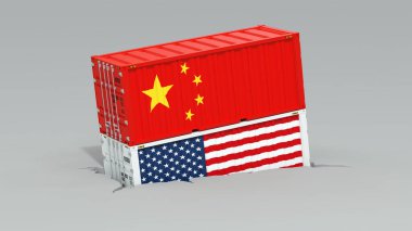 Çin konteynırı bir Amerikan konteynırını eziyor - ticaret açığı konsepti - 3D görüntüleme
