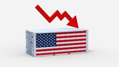 Aşağı doğru kırmızı oklu Amerikan nakliye konteynırı - ihracatı azalan konsept - 3D görüntüleme