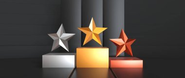 Altın, gümüş ve bronzdan oluşan 3 yıldızlı podyum - gri arka plan - 3D görüntüleme