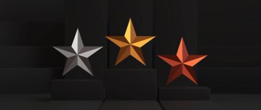 Altından, gümüşten ve bronzdan oluşan 3 yıldızlı podyum - beyaz zemin - 3D görüntüleme