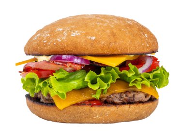 Hamburgerli güzel hamburger, ızgara biftek, duble peynir, domates, soğan ve salata - beyaz arka planda stüdyo fotoğrafçılığı