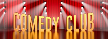 COMEDY KLUB altın harflerle yazılmış ve sahne ışıkları ve kırmızı perdeyle sahnelenmiş bir performans sahnesine yerleştirilmiştir.