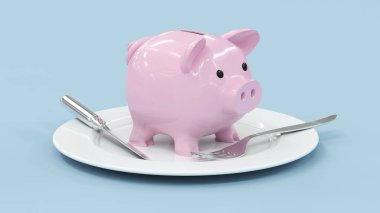 Bıçak ve çatalla beyaz bir tabağa yerleştirilmiş pembe domuz kumbarası. Yükselen gıda fiyatları 3 boyutlu.