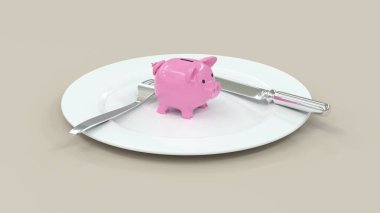 Bıçak ve çatalla beyaz bir tabağa yerleştirilmiş küçük pembe domuz kumbarası.