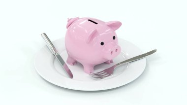 Bıçak ve çatalla beyaz bir tabağa yerleştirilmiş pembe domuz kumbarası. Yükselen gıda fiyatları 3 boyutlu.