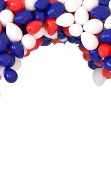 Parti için tavana yapışmış bir sürü mavi, beyaz ve kırmızı balon var.