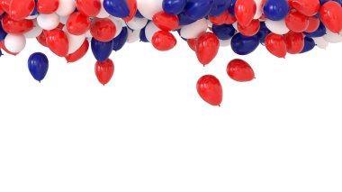 Parti için tavana yapışmış bir sürü mavi, beyaz ve kırmızı balon var.