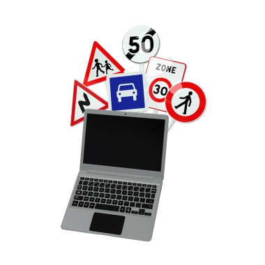 Yol işaretleri ve dizüstü bilgisayar, çevrimiçi trafik kodu kavramı - beyaz arkaplanda 3D görüntüleme