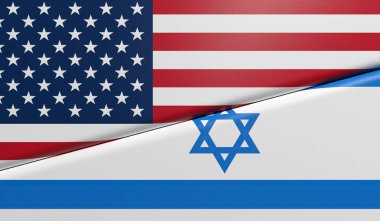 İsrail ve Amerika bayrakları yan yana, iki ülke arasındaki çatışma - 3D