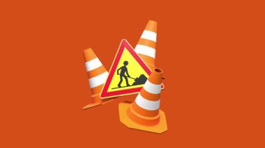 iş işaretleri ve trafik konilerinin yükseltilmesi, şeffaf arkaplan üzerindeki 3B canlandırma