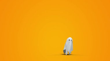 Çarşafla yapılmış bir hayalet yavaş hareket eder, Cadılar Bayramı 'ndayız - 3 boyutlu canlandırma