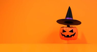 Cadı şapkalı Cadılar Bayramı kabağı feneri. Turuncu arka planda 3 boyutlu.