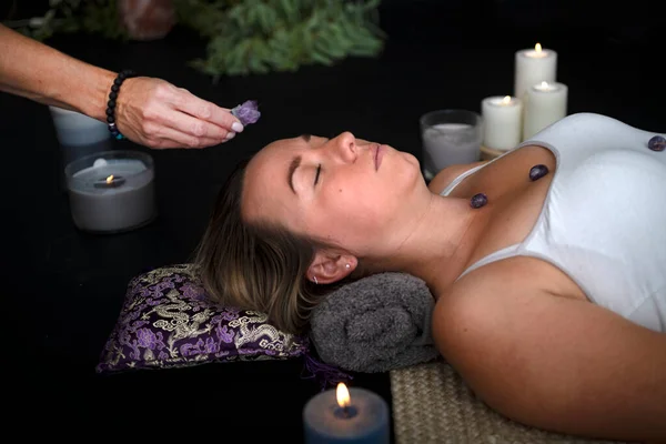 Woman Energy Healing Front Black Background — Stock Photo, Image