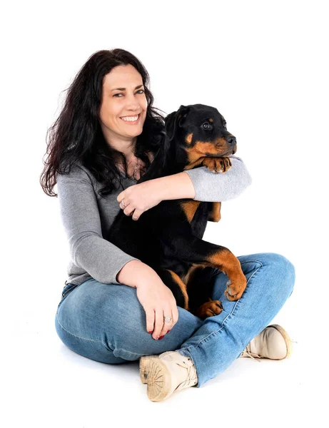 Puppy Rottweiler Woman Front White Background — Stock Photo, Image