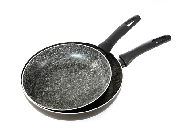Black Frying Pans Front White Background — Stock Photo, Image
