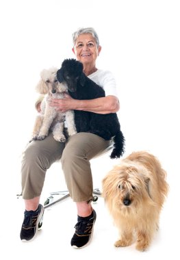 Beyaz arkaplan önünde yaşlı kadın ve köpekler