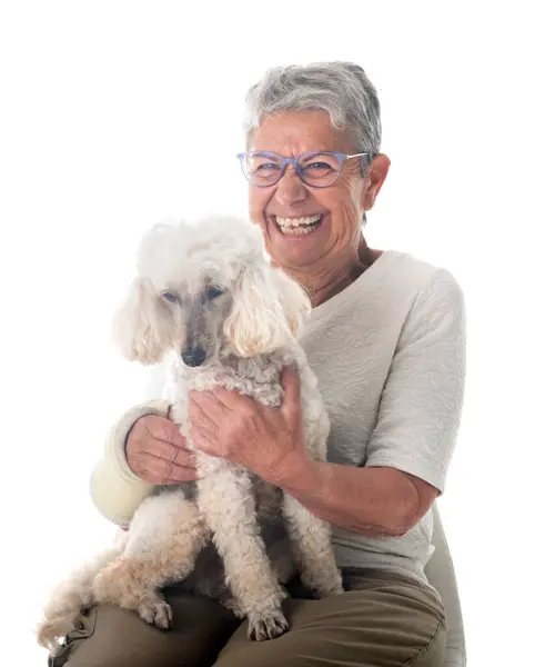 Senior Woman Dog Front White Background — Stock Photo, Image
