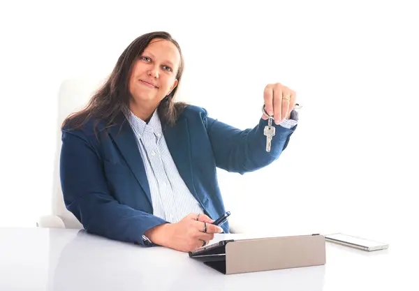 Estate Agent Woman Front White Background — Stock Photo, Image