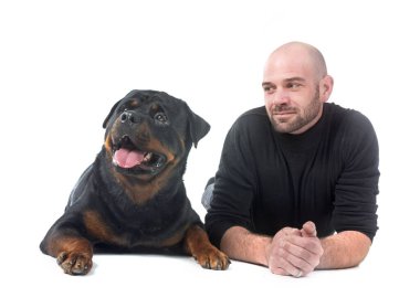 safkan rottweiler ve beyaz arka plan önünde adam