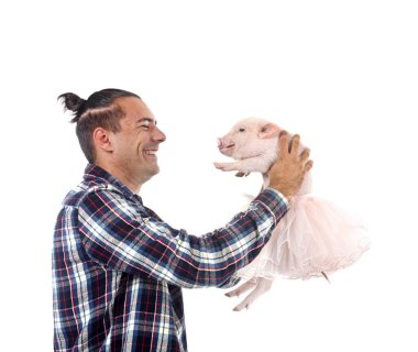 pink miniature pig and man in front of white background clipart