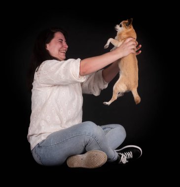 siyah arka plan önünde küçük chihuahua ve kadın