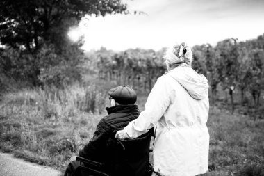 Yaşlı bir çift tekerlekli sandalyenin yardımıyla parkta yürüyüş yapıyor.