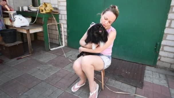 Осіння Фотосесія Красивої Жінки Пекінським Собакою — стокове відео
