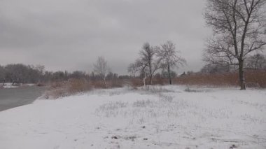 Samara nehri ve Ukrayna 'nın karlı kış manzaraları.
