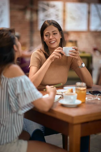 コーヒーを飲みながら カフェレストランで楽しい時間を過ごしている若い女性たちと会話をしながら — ストック写真